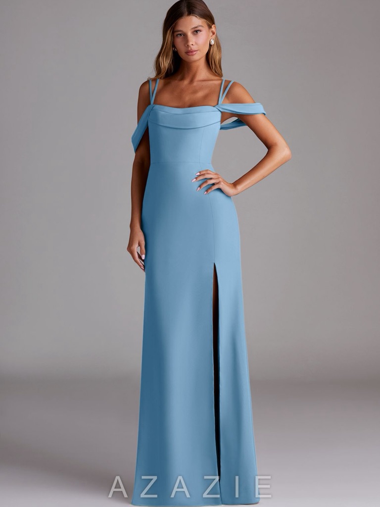 Azazie Callan Steel Blue Mermaid Pleated Chiffon Convertible Dress